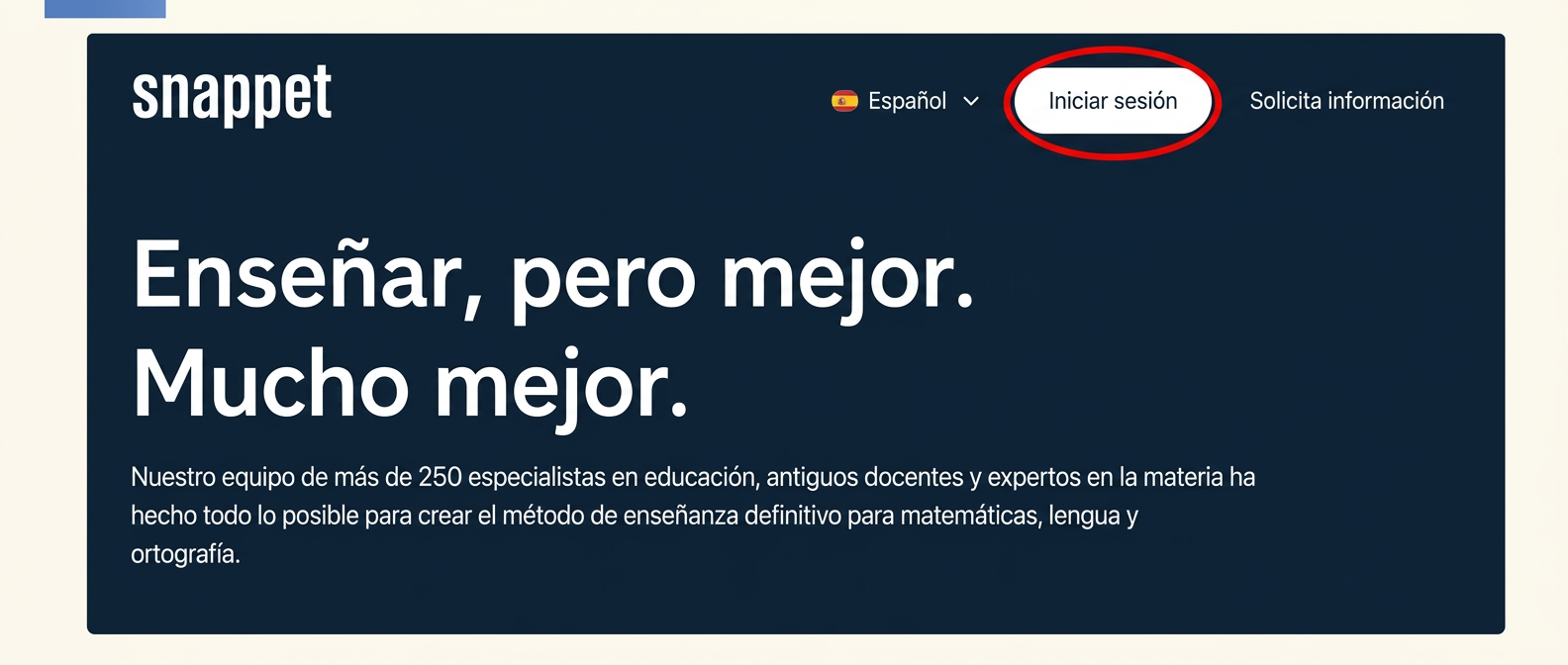 Captura de la web de Snappet con el botón «Iniciar sesión» marcado en la parte superior.