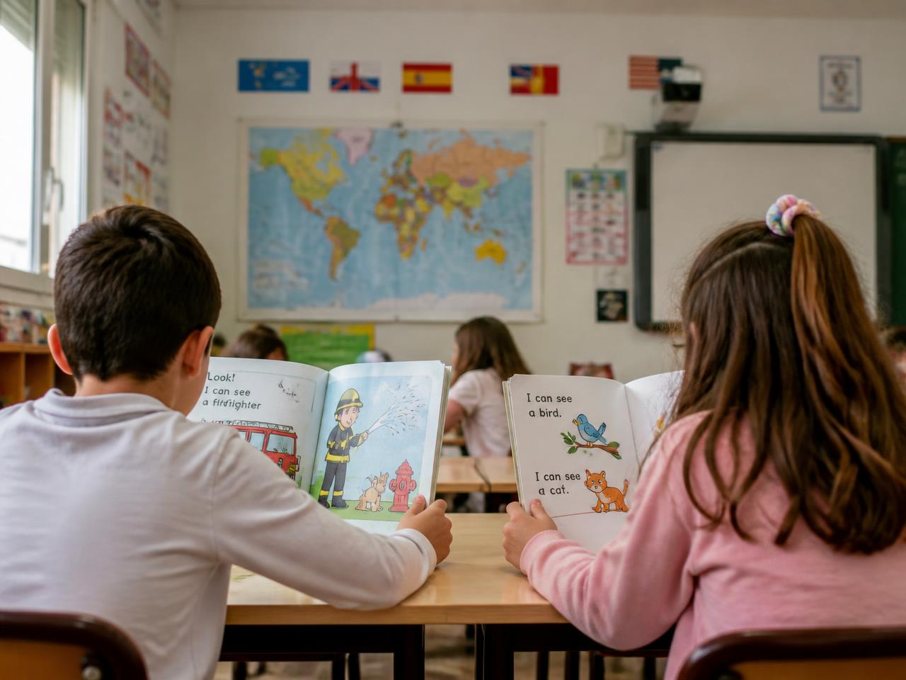 Alumnado del colegio leyendo libros en inglés en clase, con un mapamundi y banderas al fondo