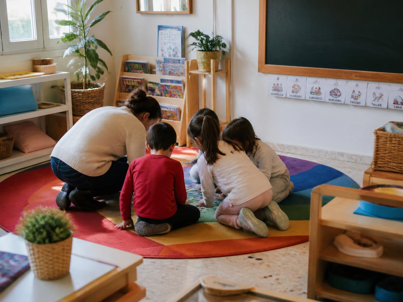 Grupo de alumnos y alumnas trabajando juntos en el suelo del aula con una maestra