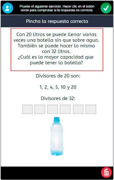 Actividad de Snappet de Matemáticas: problema sobre la capacidad de una botella y sus divisores